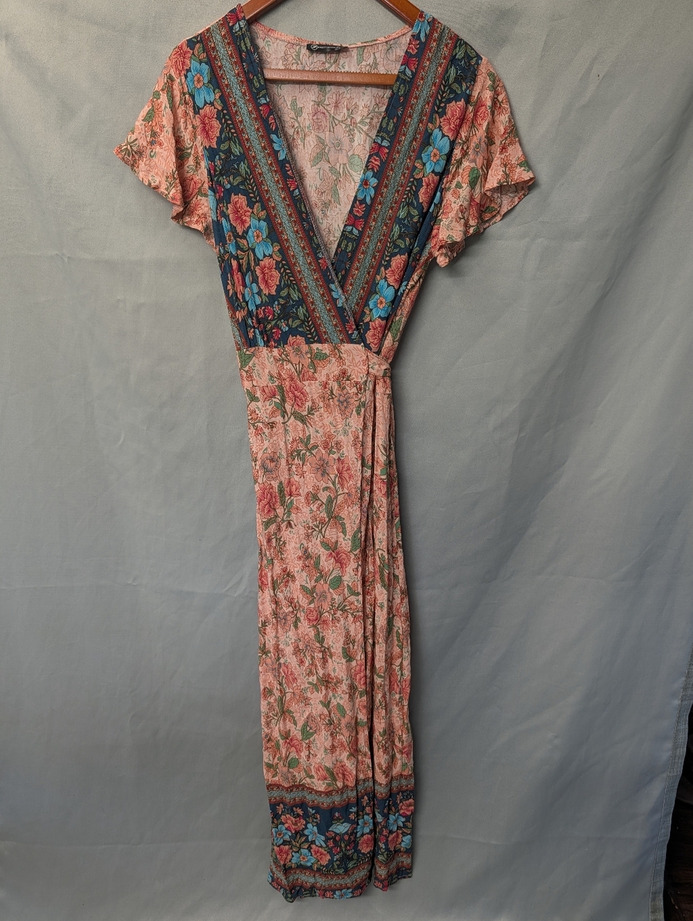 Bohemian Peach Floral Wrap And Tie Maxi Dress with Contrasting Border Size L - Picture 4 of 16